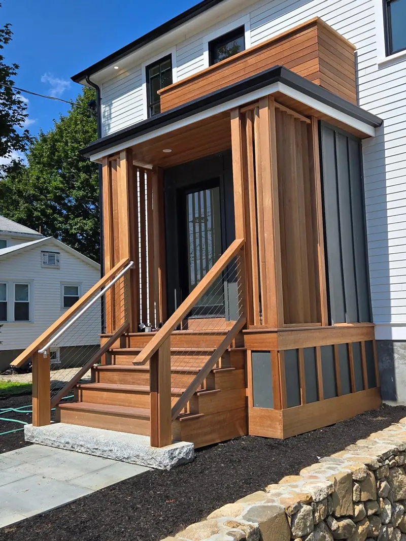 Entry portico and stairs — cedar columns — R&L project