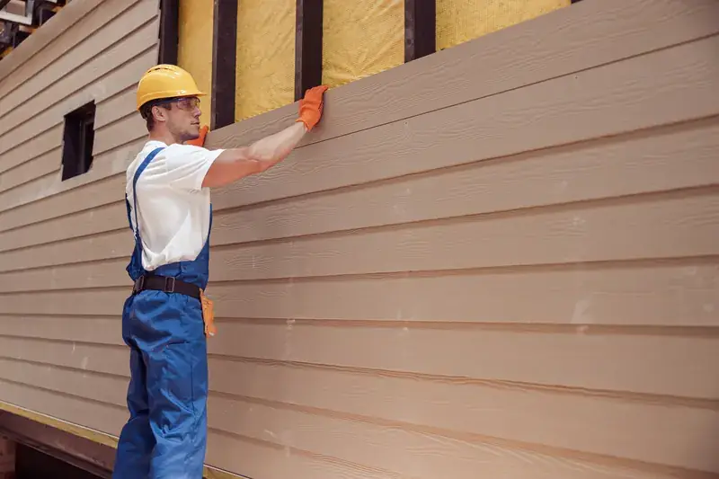 Contractor in yellow hard hat installing beige siding panels